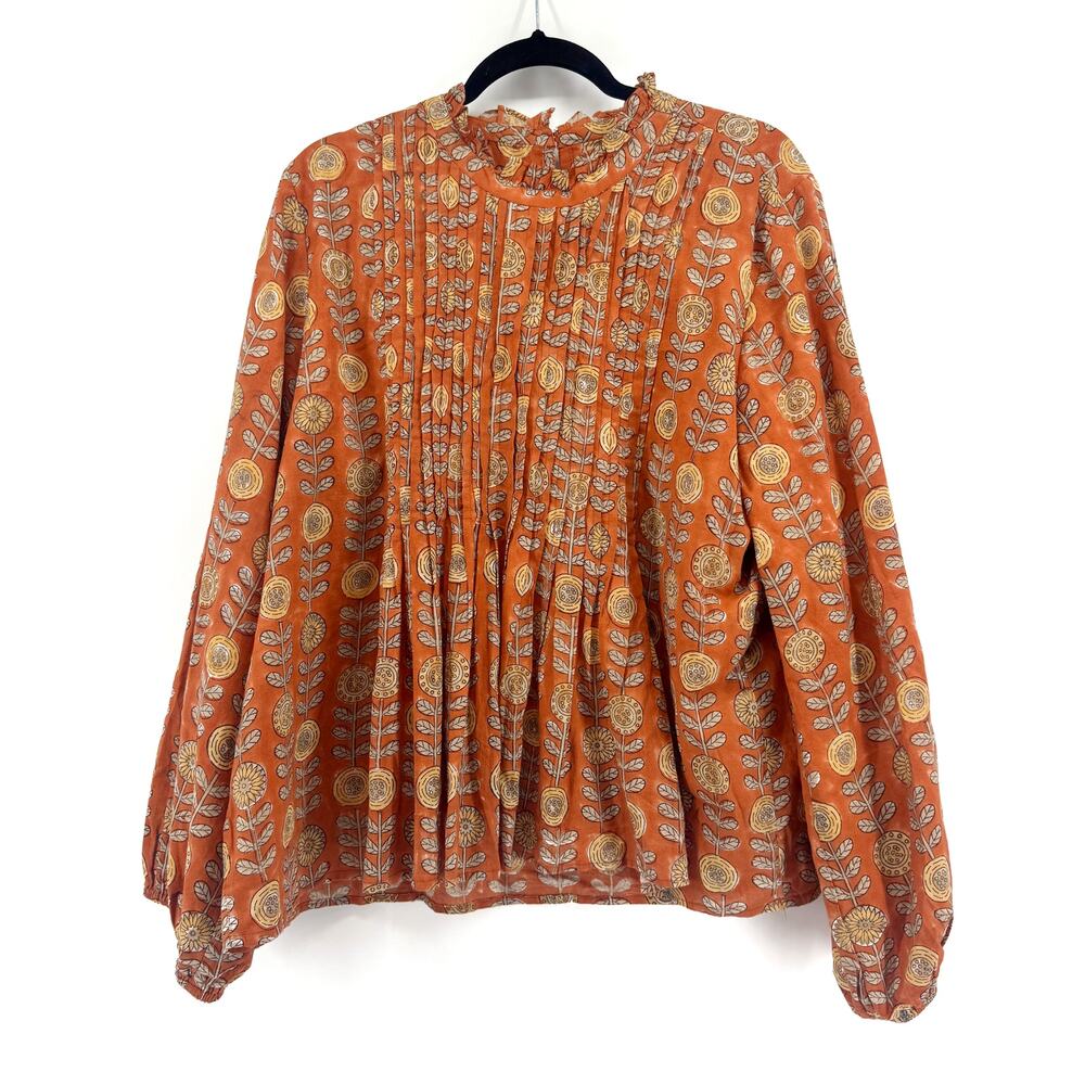 Victoria Dunn Block Print Pleated Peasant Long-Sleeve Blouse Size 3XL Orange